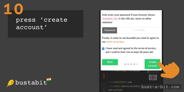 Press 'Create account' button to finalize Bustabit registration procedure